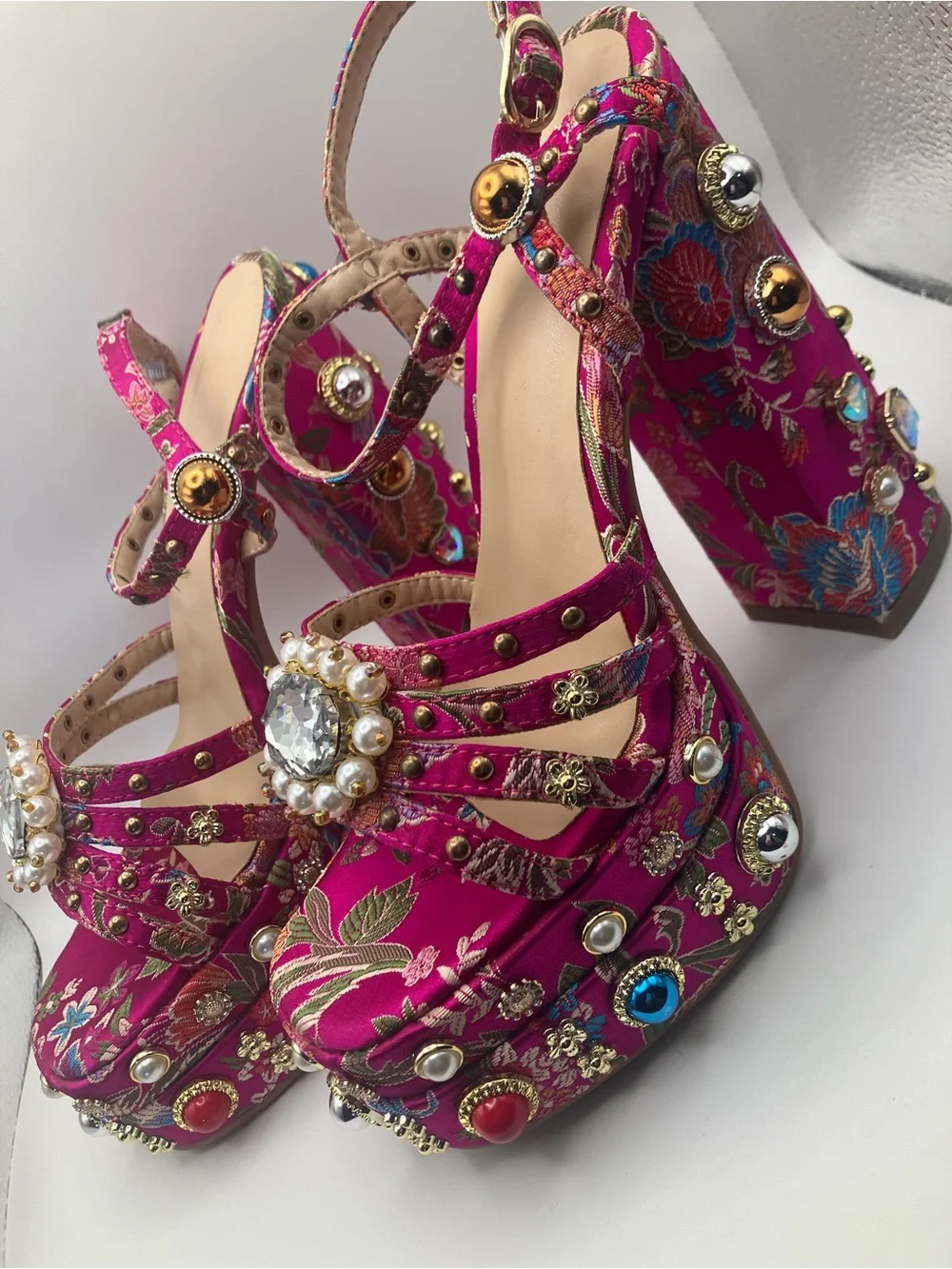 Fuchsia Embellished Platform Sandals with Floral Jacquard